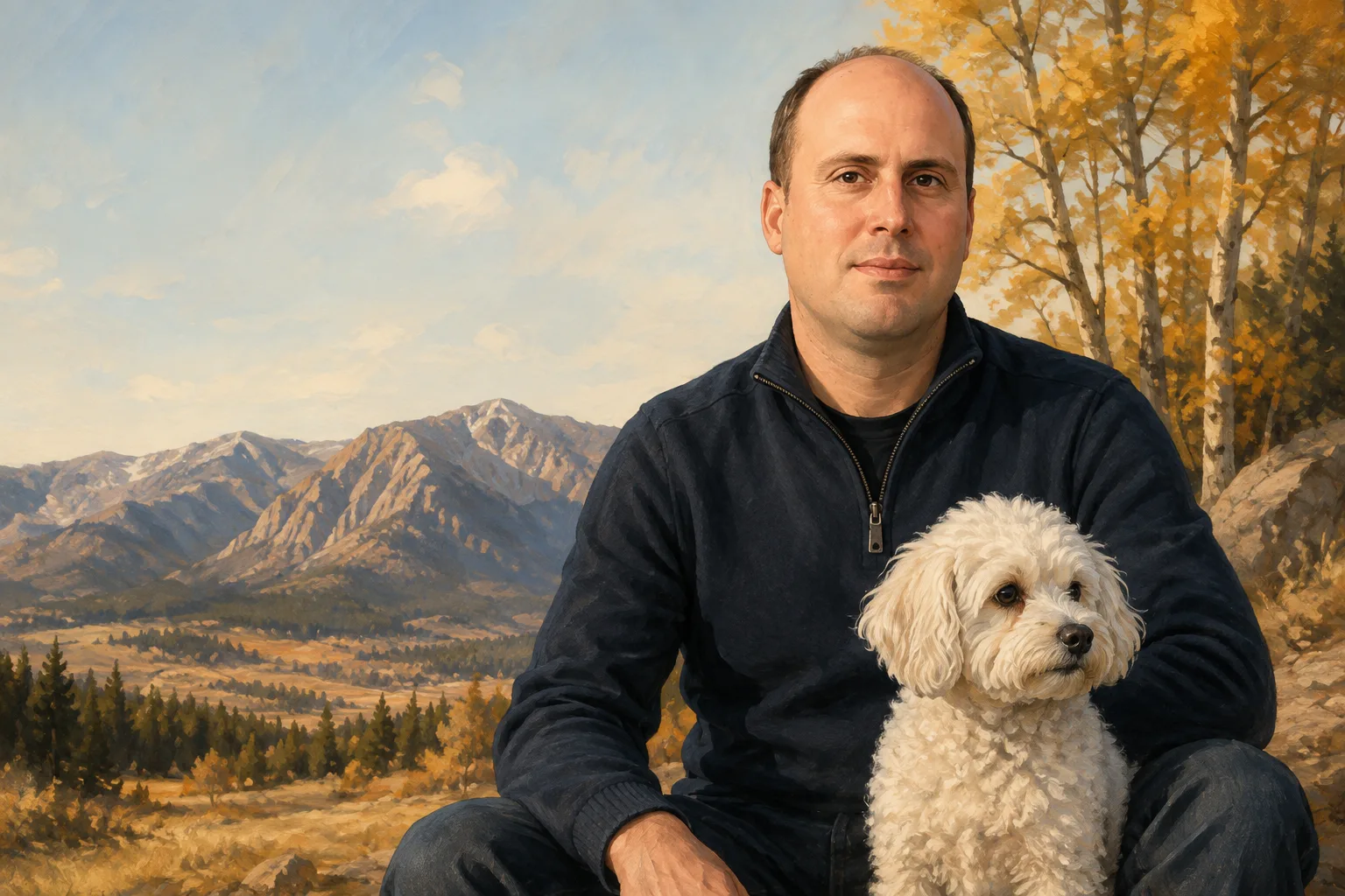 Ilustración editorial de Alfredo Cisneros con su perro en Colorado