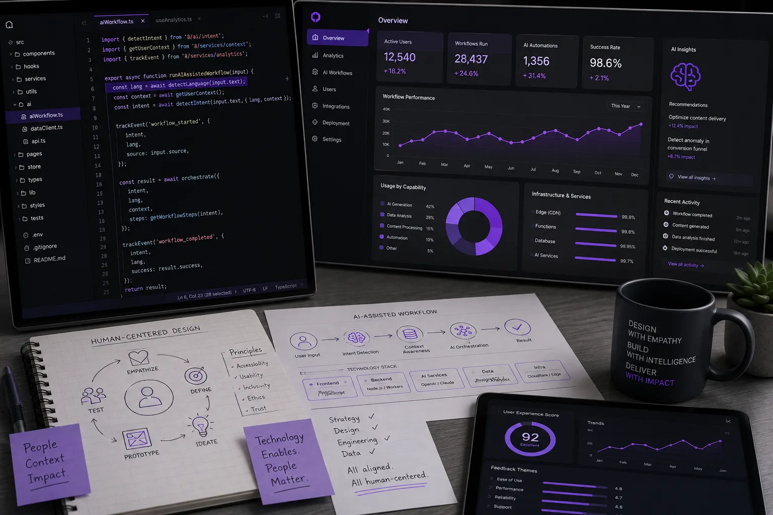 Escritorio moderno con dos monitores que muestran código de flujos de IA y paneles de analítica, junto a notas de diseño centrado en las personas con acentos morados.