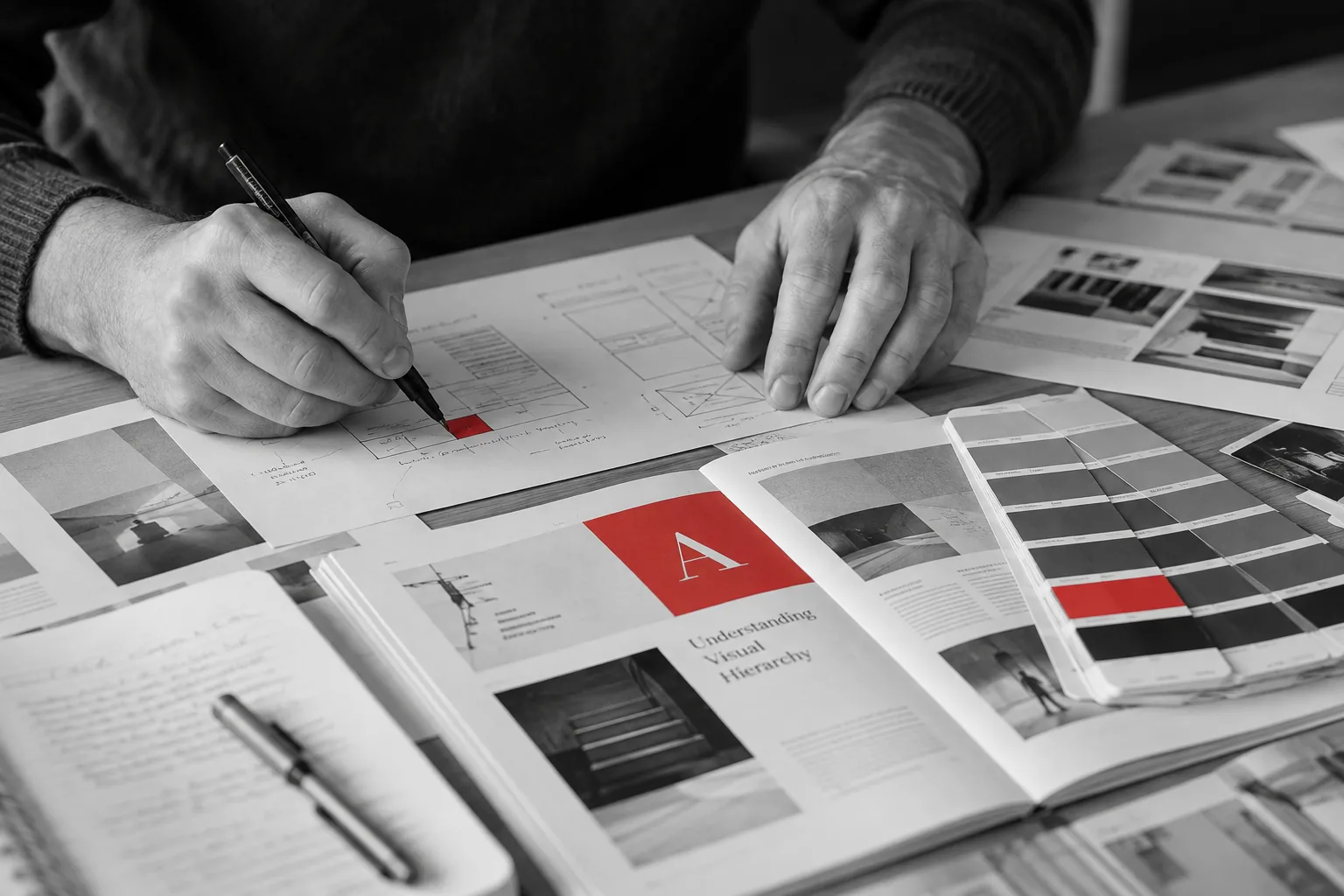Manos de un diseñador dibujando wireframes en papel junto a un libro abierto sobre jerarquía visual y muestras de color, con acentos rojos selectivos.