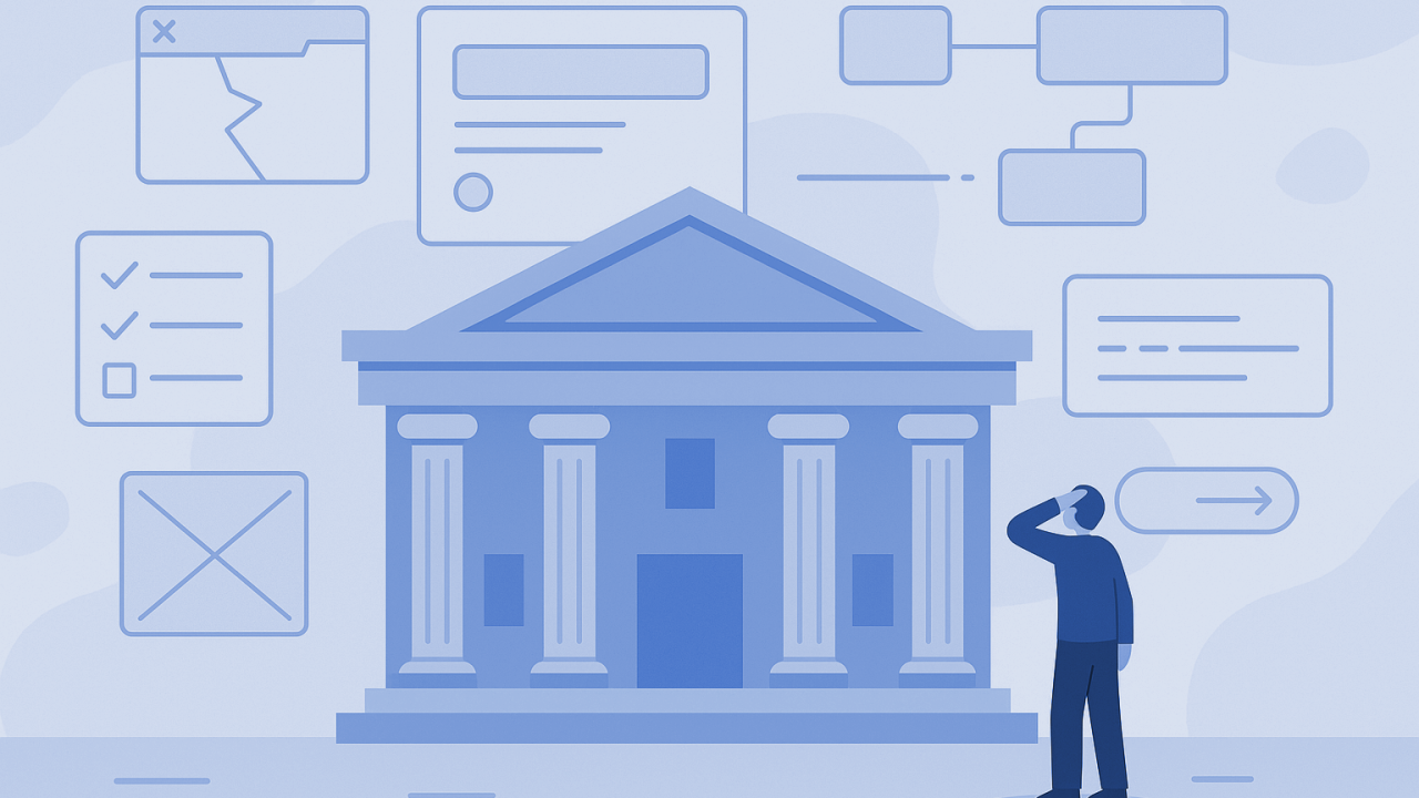 Ilustración: un edificio gubernamental genérico rodeado de formas abstractas de UI y una persona confusa, que representa los desafíos de UX en el sector público.