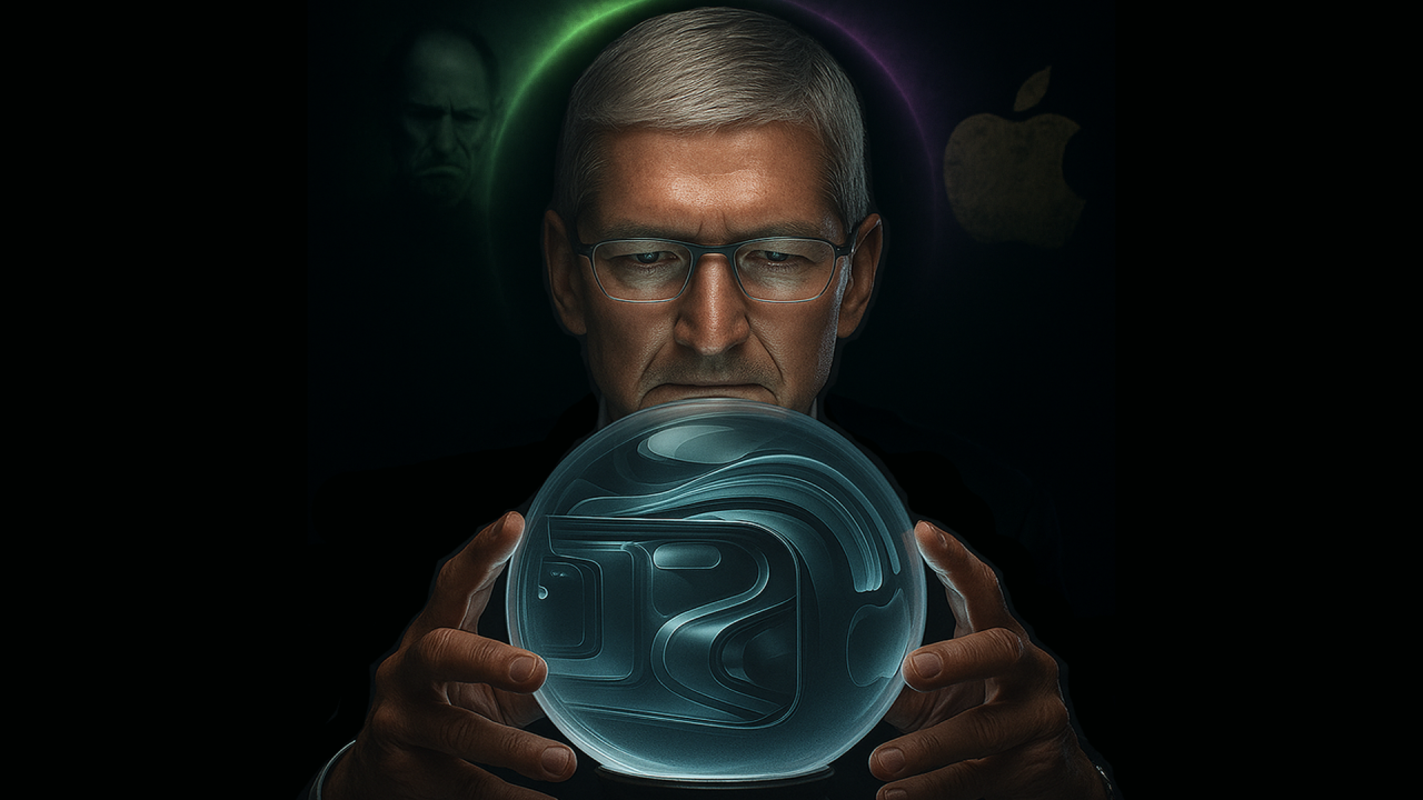 El CEO de Apple observa una esfera luminosa con UI de 'liquid glass'. La silueta de Steve Jobs y un logo antiguo de Apple insinúan sutilmente una crítica a la innovación.