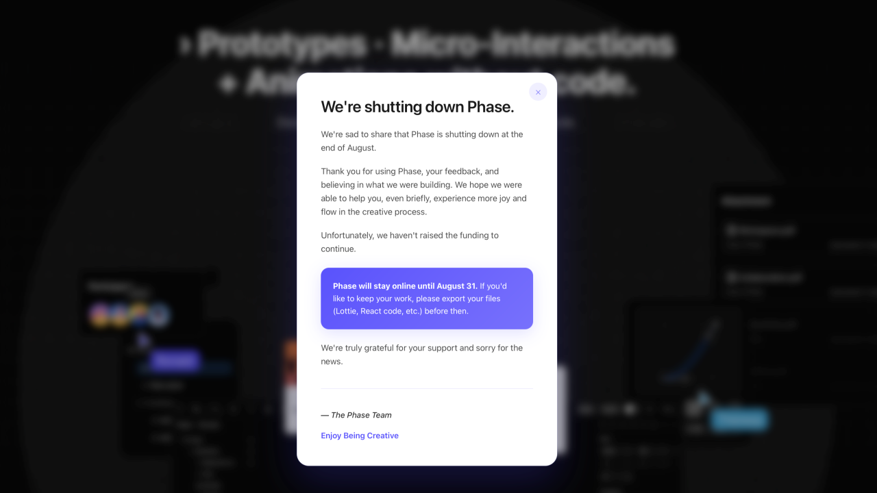 Anuncio oficial del equipo detrás de Phase, informando a los usuarios que la plataforma cerrará a finales de agosto de 2025.