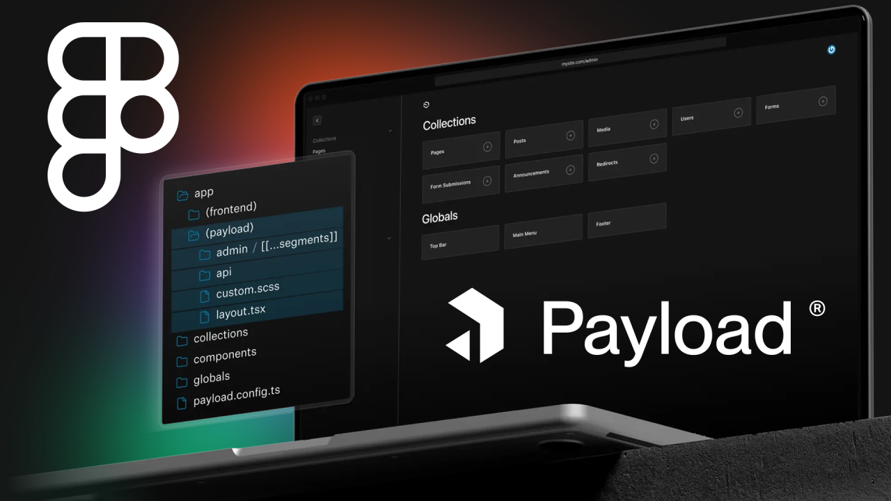 Elementos de la interfaz de Payload CMS en una pantalla, con el logo y los colores de Figma — simbolizando su integración en la suite de Figma tras la adquisición anunciada.