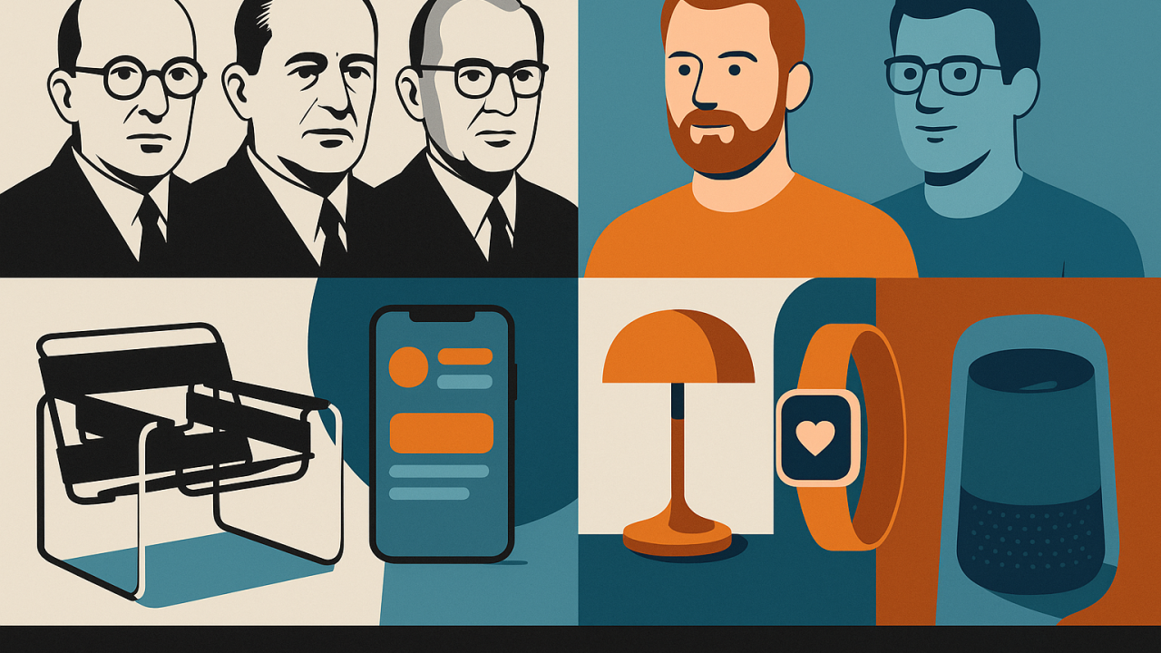 Diseñadores de la era Bauhaus (B/N) y de UX moderno (color). Puente visual que muestra las raíces compartidas centradas en el ser humano del diseño industrial y el diseño UX. @alfredocisneros | 2025