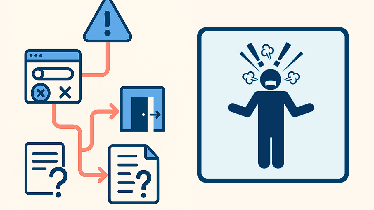 Ilustración minimalista en estilo flat que muestra el recorrido UX en servicios públicos —del error a la resolución— a través de una serie de íconos conectados que simbolizan