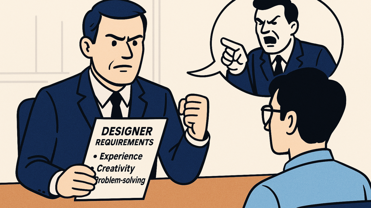 Ilustración de un manager con un papel de "Requisitos del diseñador" mientras regaña a un diseñador, simbolizando el conflicto cuando el diseño pierde el liderazgo.