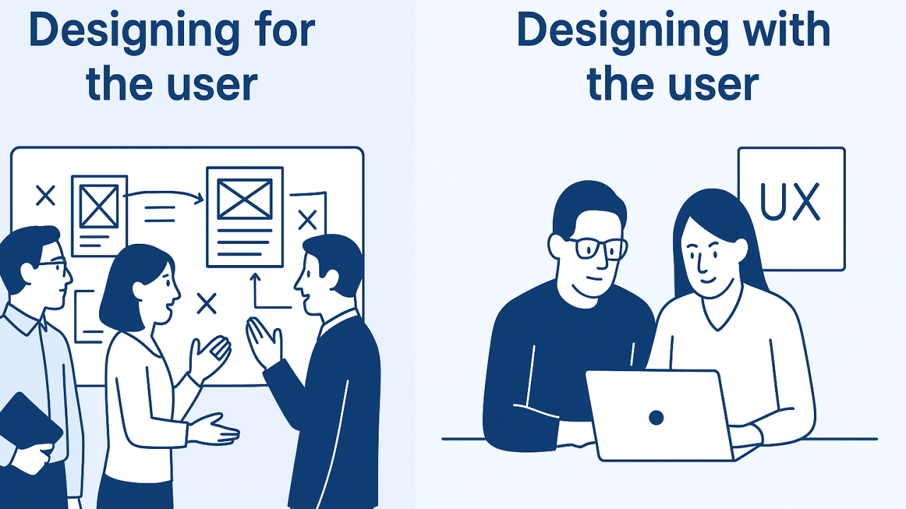 Ilustración digital en estilo flat que compara a un diseñador trabajando solo, mientras el lado derecho muestra un proceso colaborativo que involucra a los usuarios en el diseño.