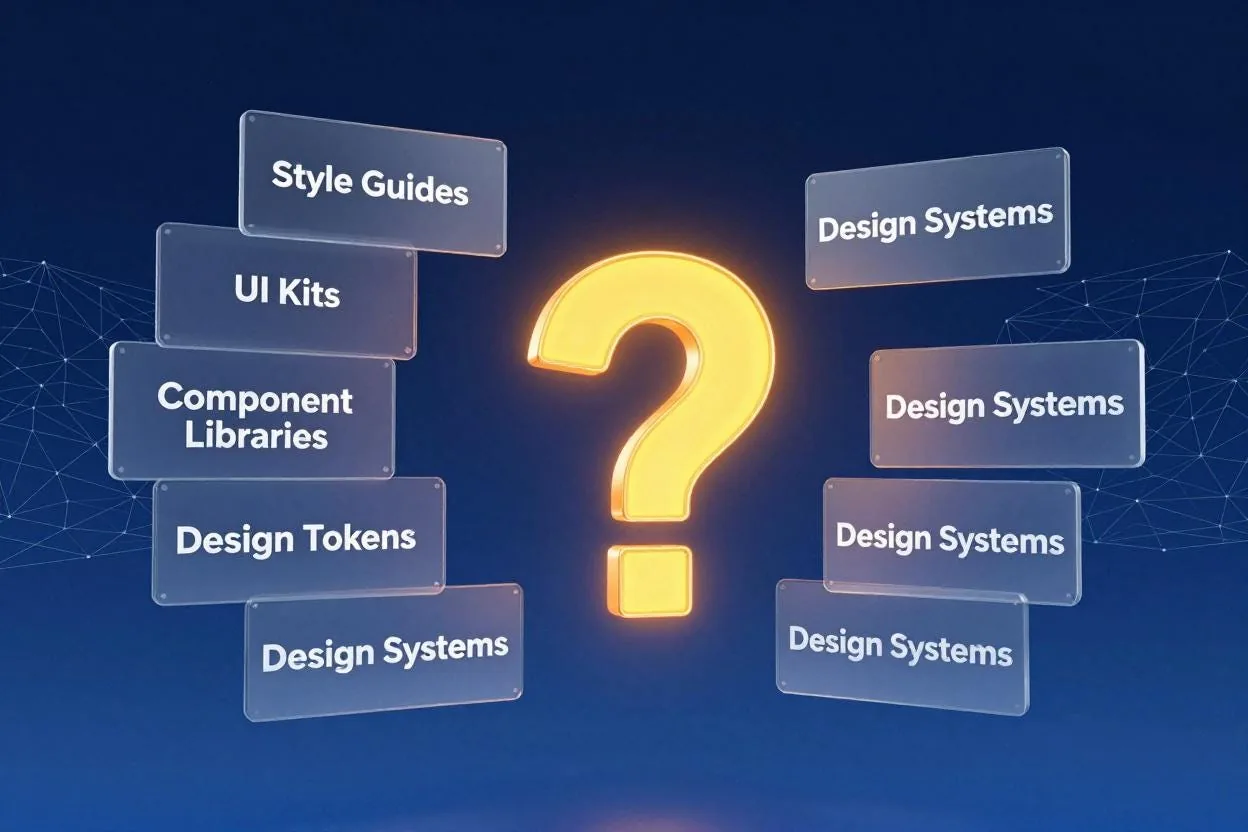 Izquierda: conceptos distintos (guías de estilo, UI kits, librerías de componentes, design tokens). Derecha: todo reetiquetado como "Design System", perdiendo definición en el proceso.