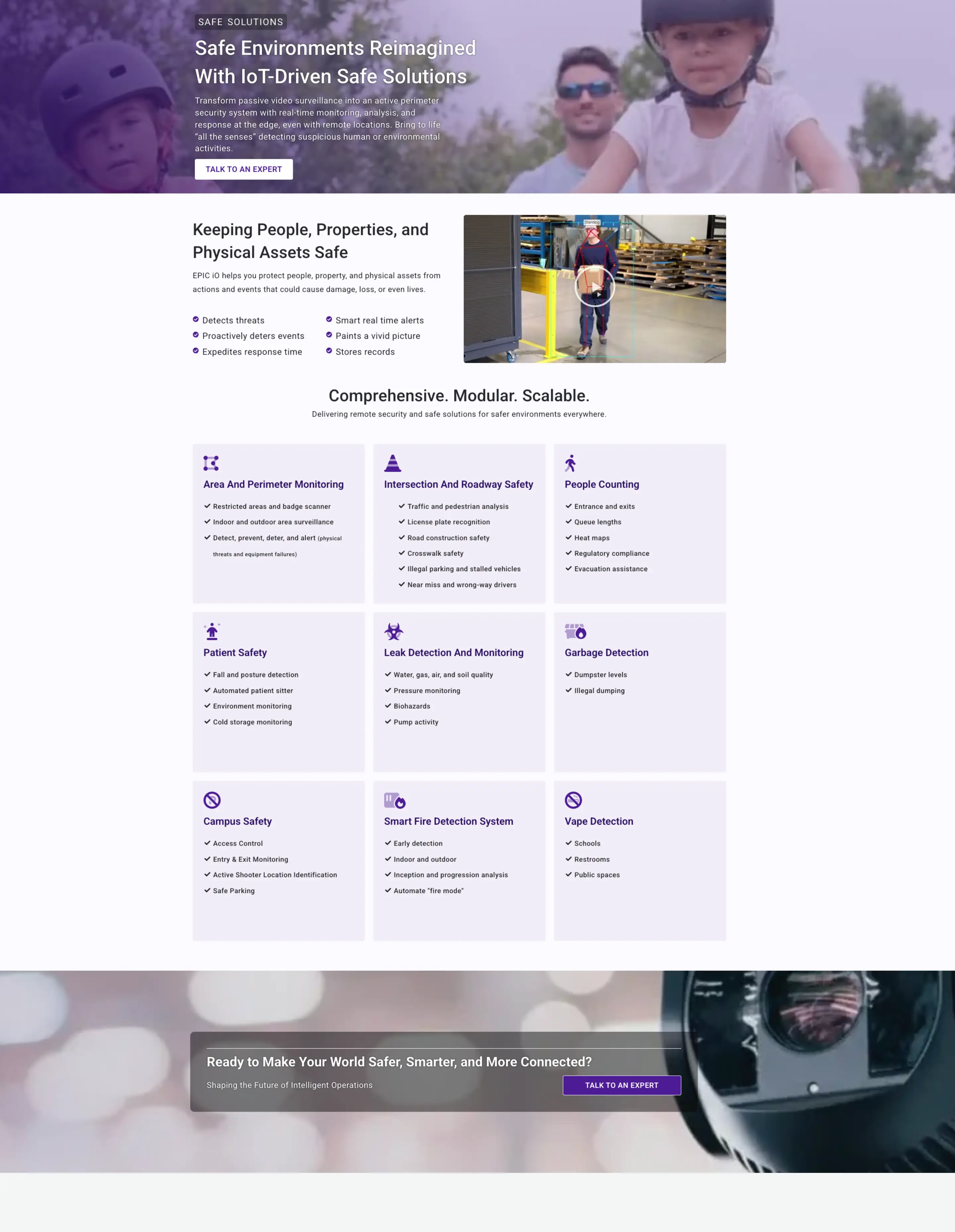 EPIC iO IoT safety solutions page showcasing modular security features, clear UX structure, and accessible visual design for multi-industry environments.