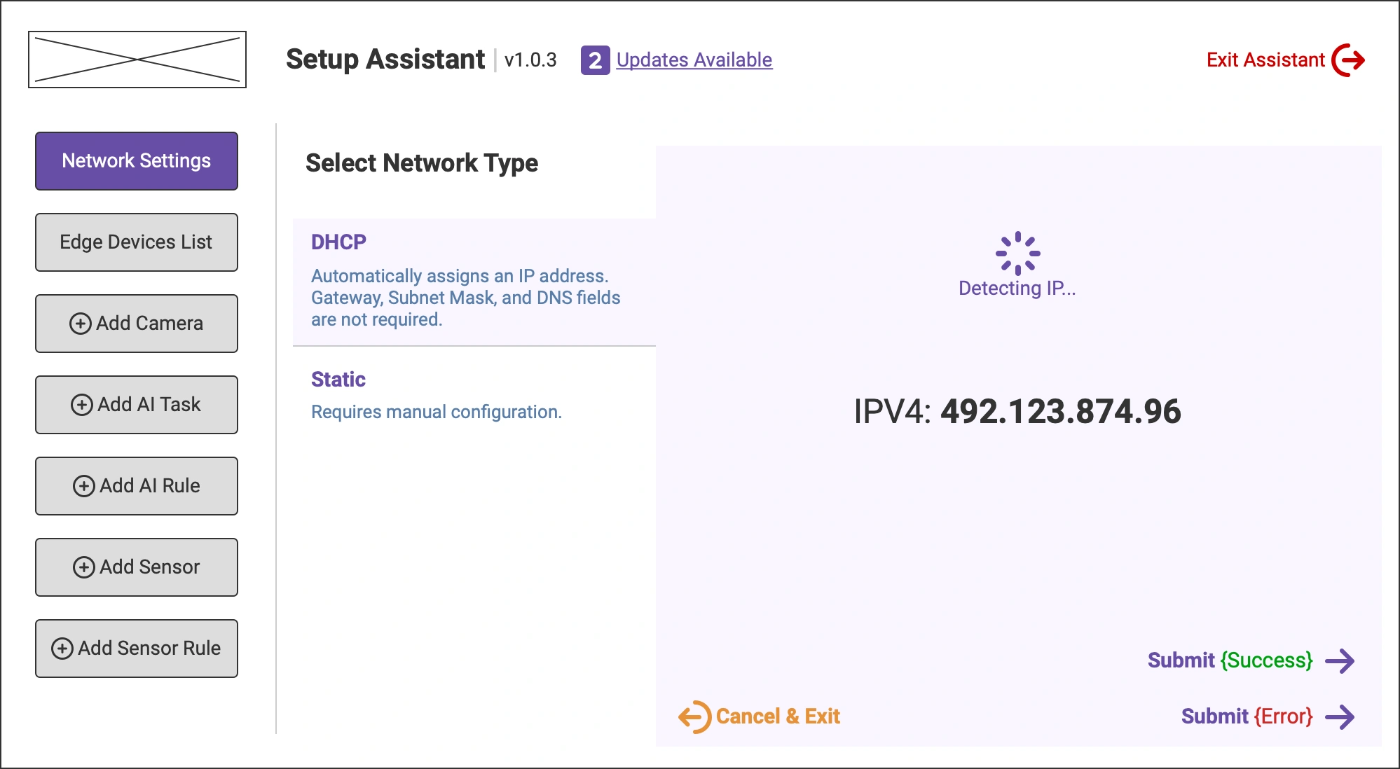 DeepEdge Setup Assistant network settings screen showing DHCP and Static options with live IPv4 detection for embedded edge devices.