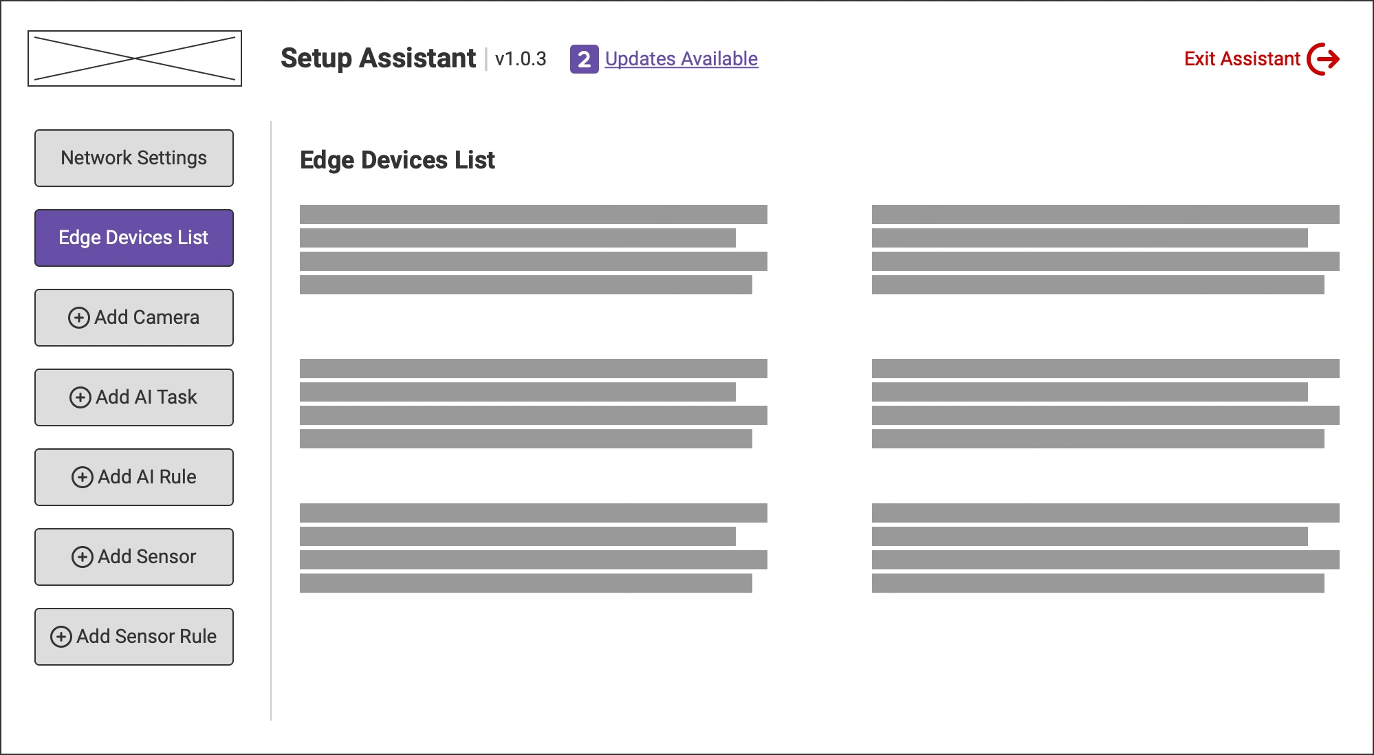 DeepEdge Setup Assistant interface showing the Edge Devices List section with placeholder device rows and navigation panel.