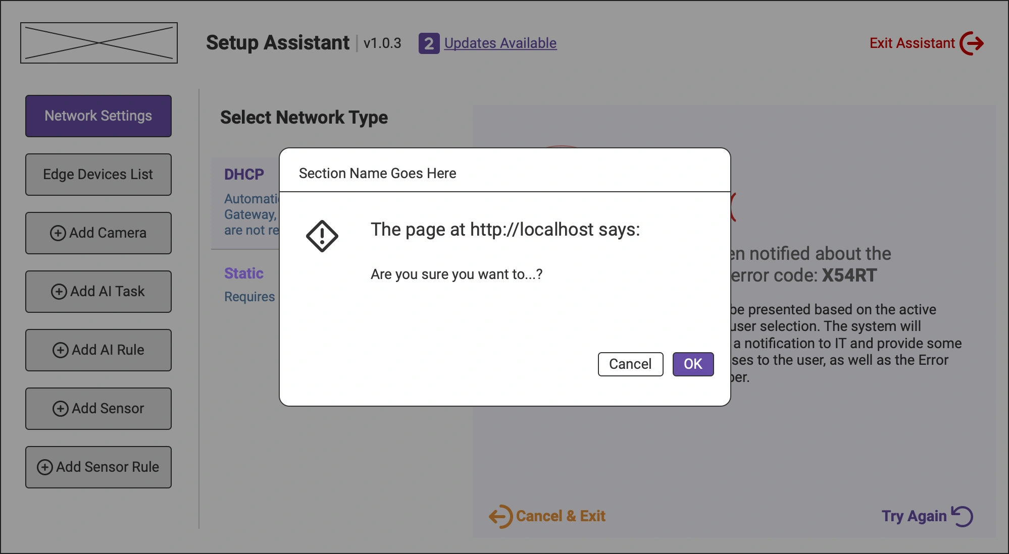 DeepEdge Setup Assistant exit warning dialog asking for confirmation before leaving the network configuration process.