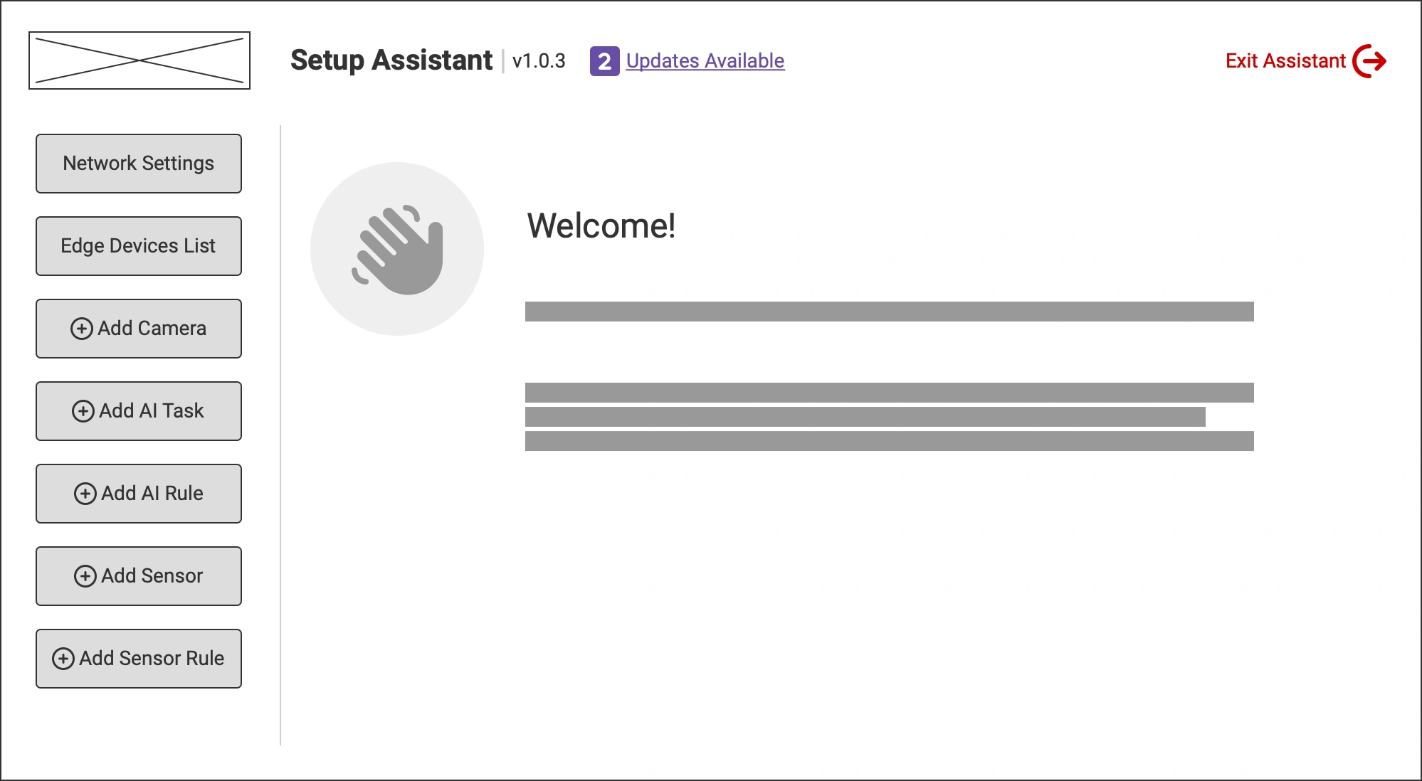 DeepEdge Setup Assistant welcome screen showing touch-optimized sidebar actions for edge devices, AI tasks, cameras, sensors, and device configuration.